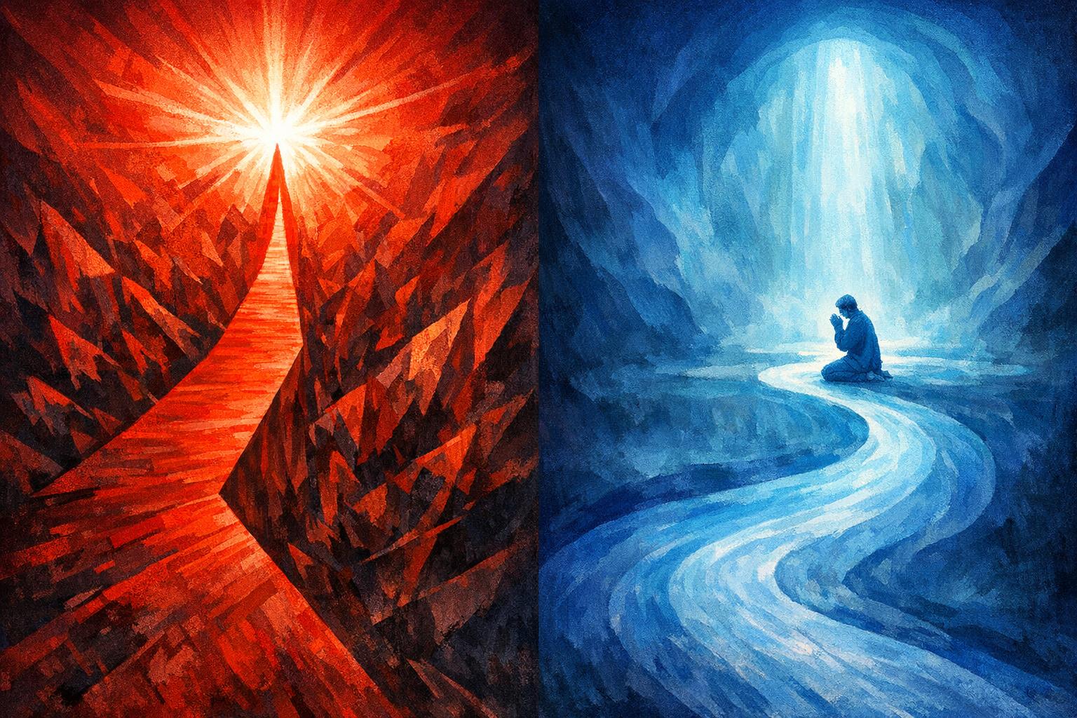 Symbolic dawn landscape with geometric red shapes and soft blue light beams over a calm lake illustrating intention as command and prayer as divine communication.
