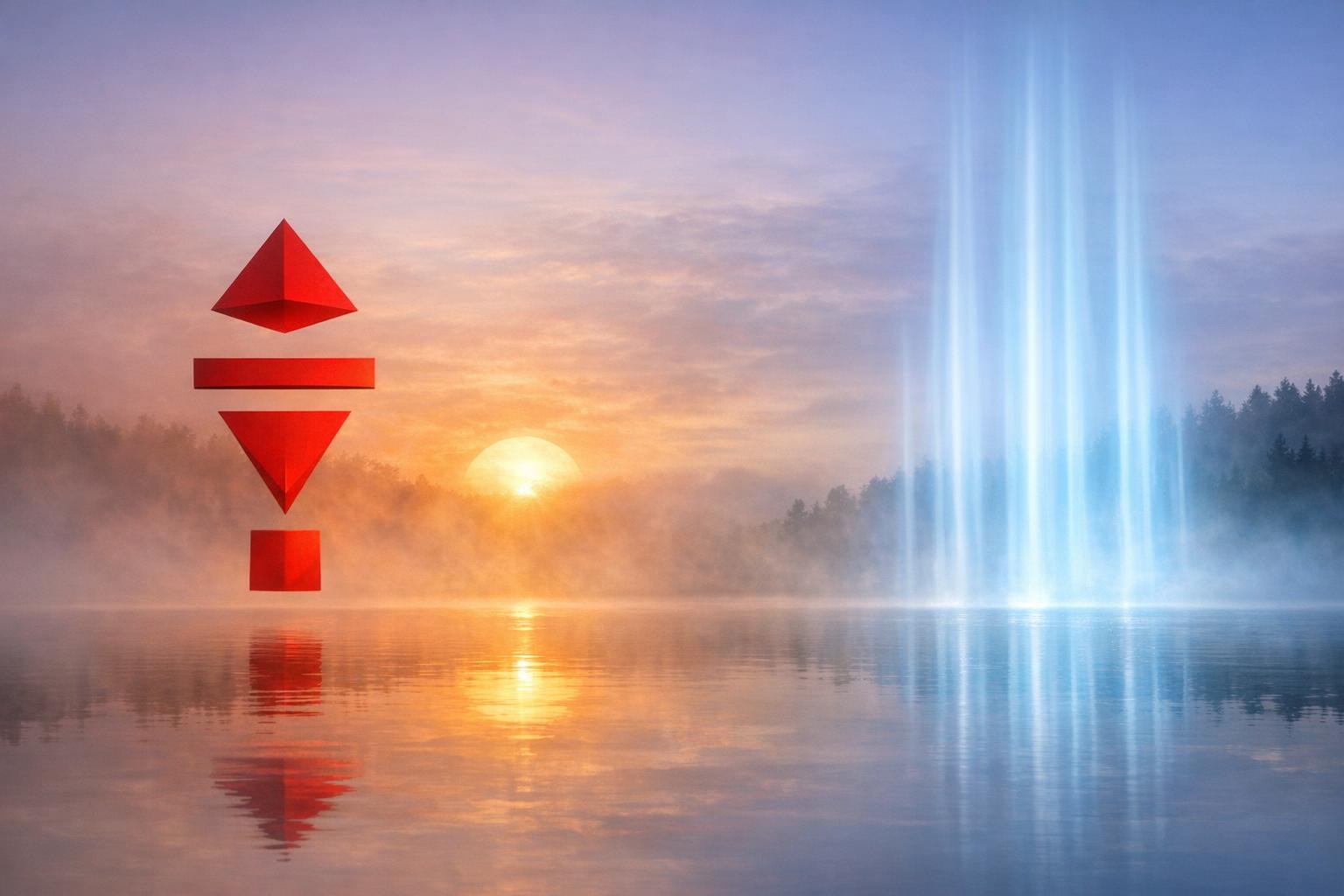 Minimalist balanced scale image with red and blue light beams symbolizing harmony between intention and prayer within a calm, renewed mind.