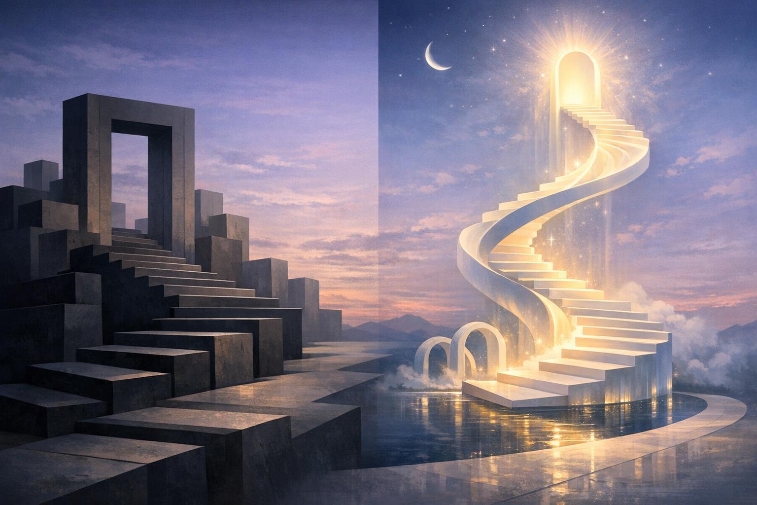 Abstract image of two contrasting paths, one solid and geometric, the other light and flowing, illustrating the concept of lower versus higher destiny.