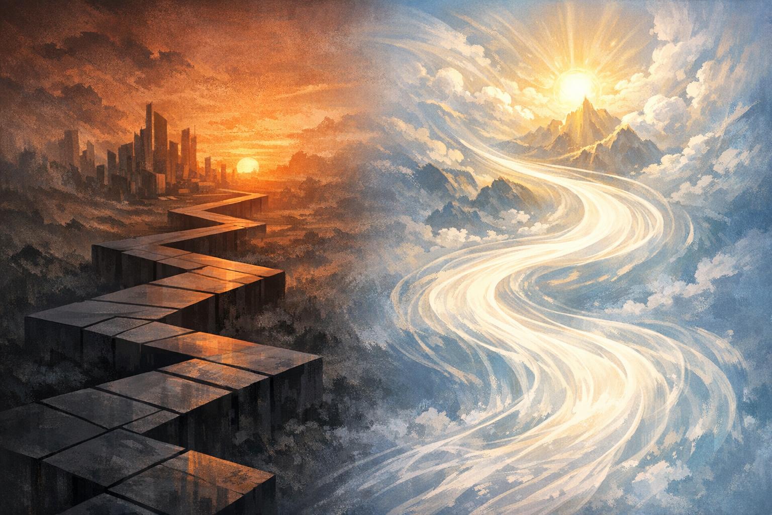 Solitary winding path in a quiet landscape leading toward a subtle glowing horizon, representing the choice to follow one’s inner calling despite difficulty.