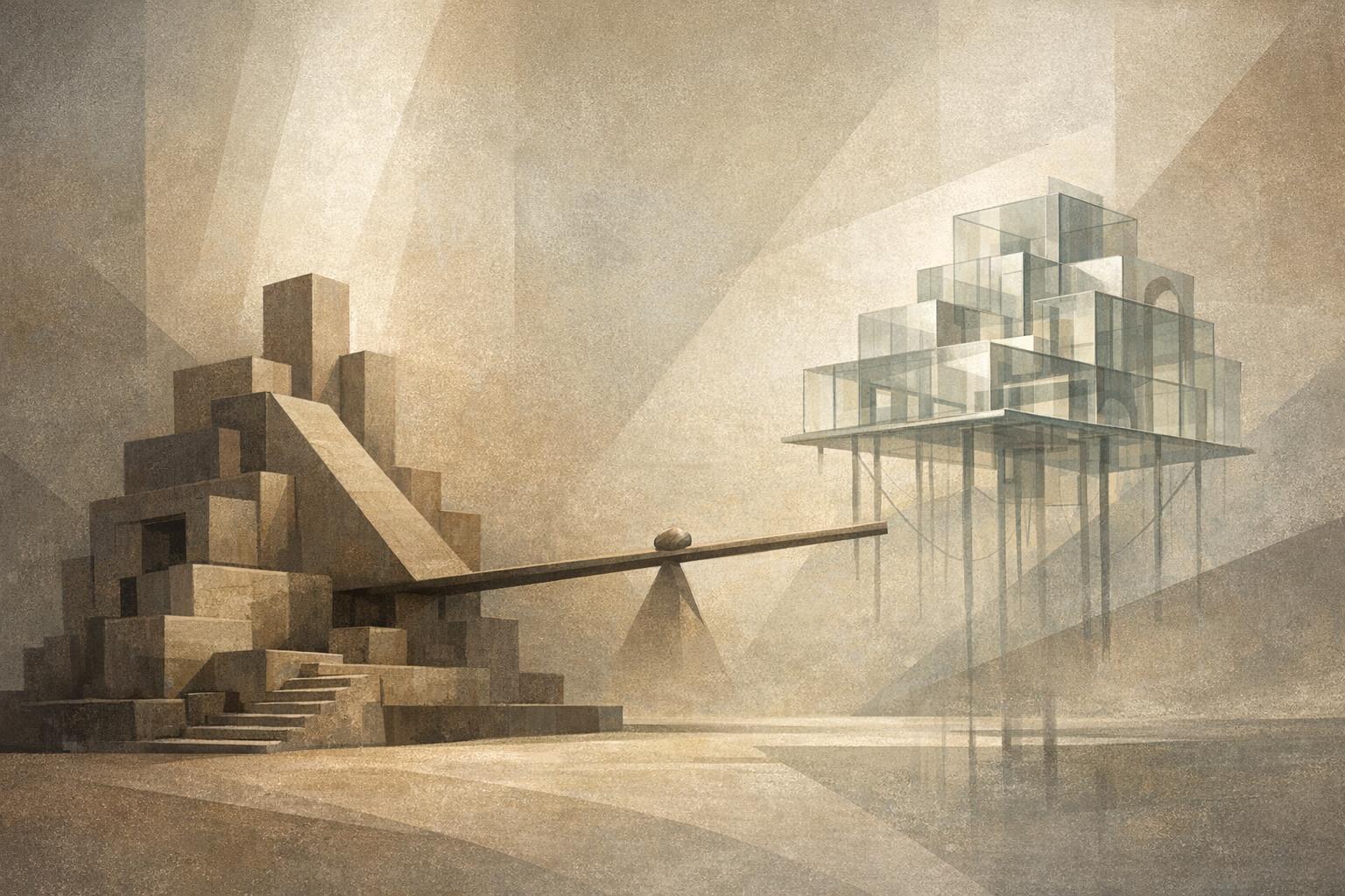 Abstract image of two contrasting architectural forms symbolizing genuine contributors and resellers, connected by a balance of light and shadow.
