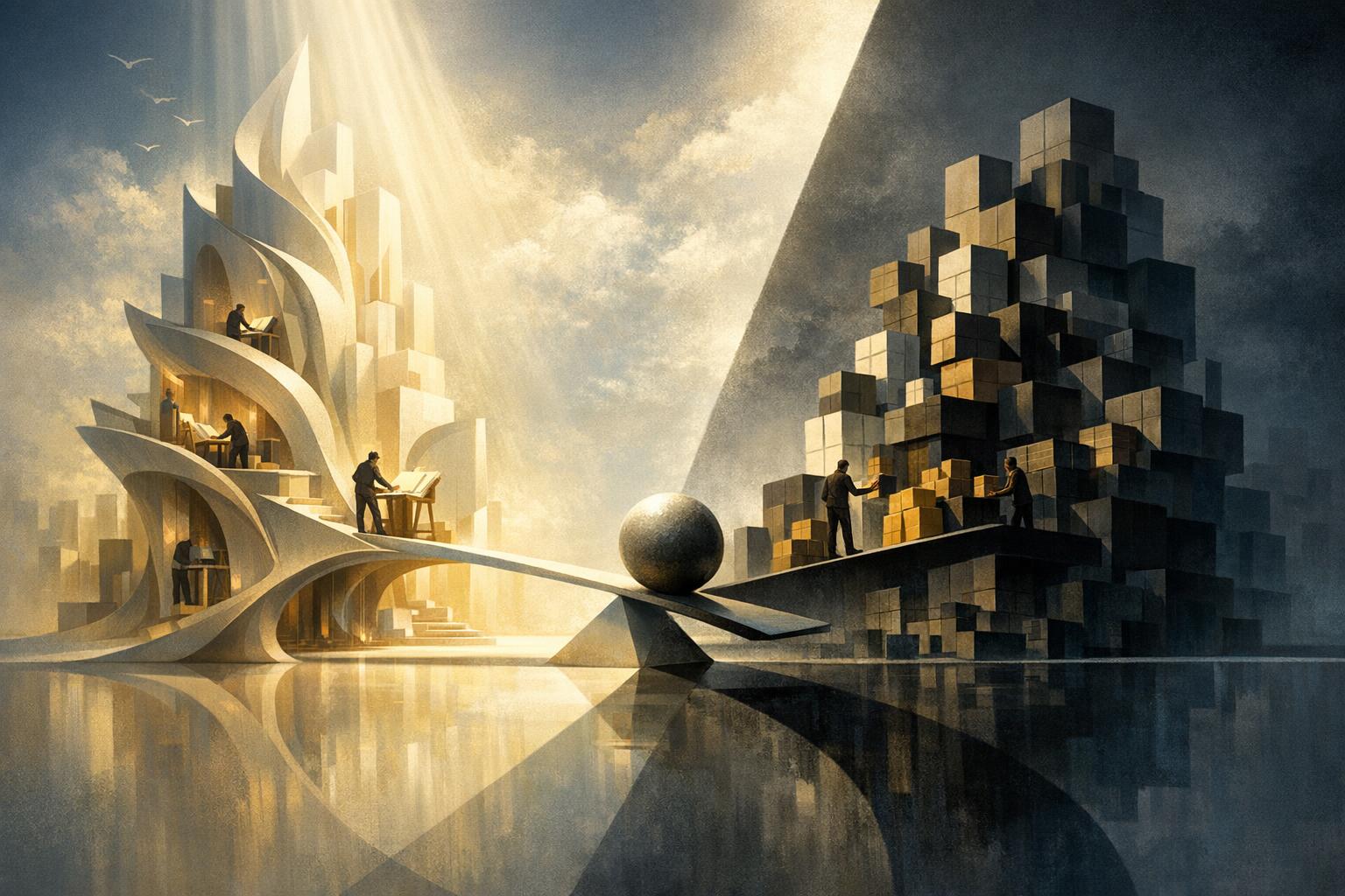 Abstract geometric shapes and currency symbols distorted by rippling waves symbolize the influence and distortion of marketing in the marketplace.
