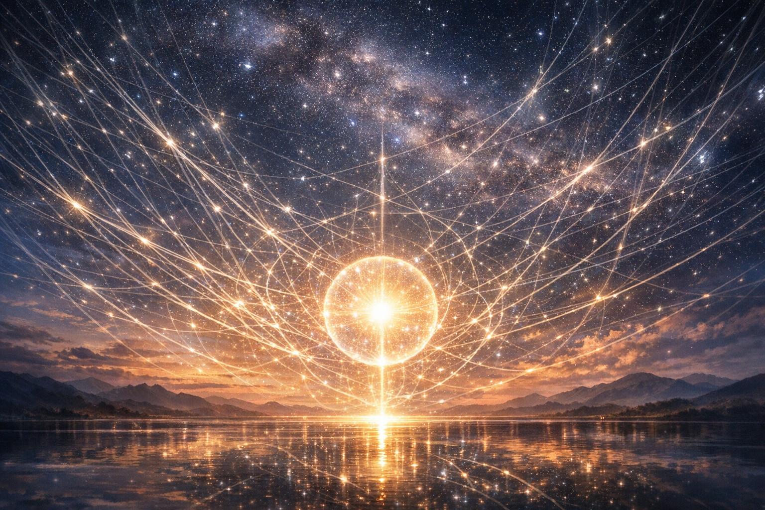 Abstract cosmic network intertwined with a glowing central sphere, representing the unity of divine intelligence and personal spiritual paths.