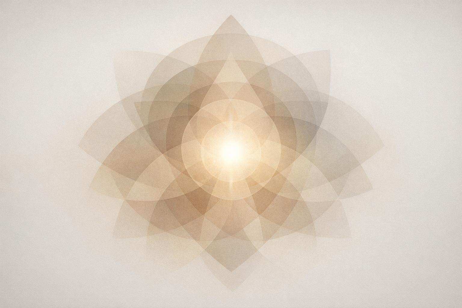 Abstract geometric shapes with glowing center symbolizing expanding awareness and consciousness
