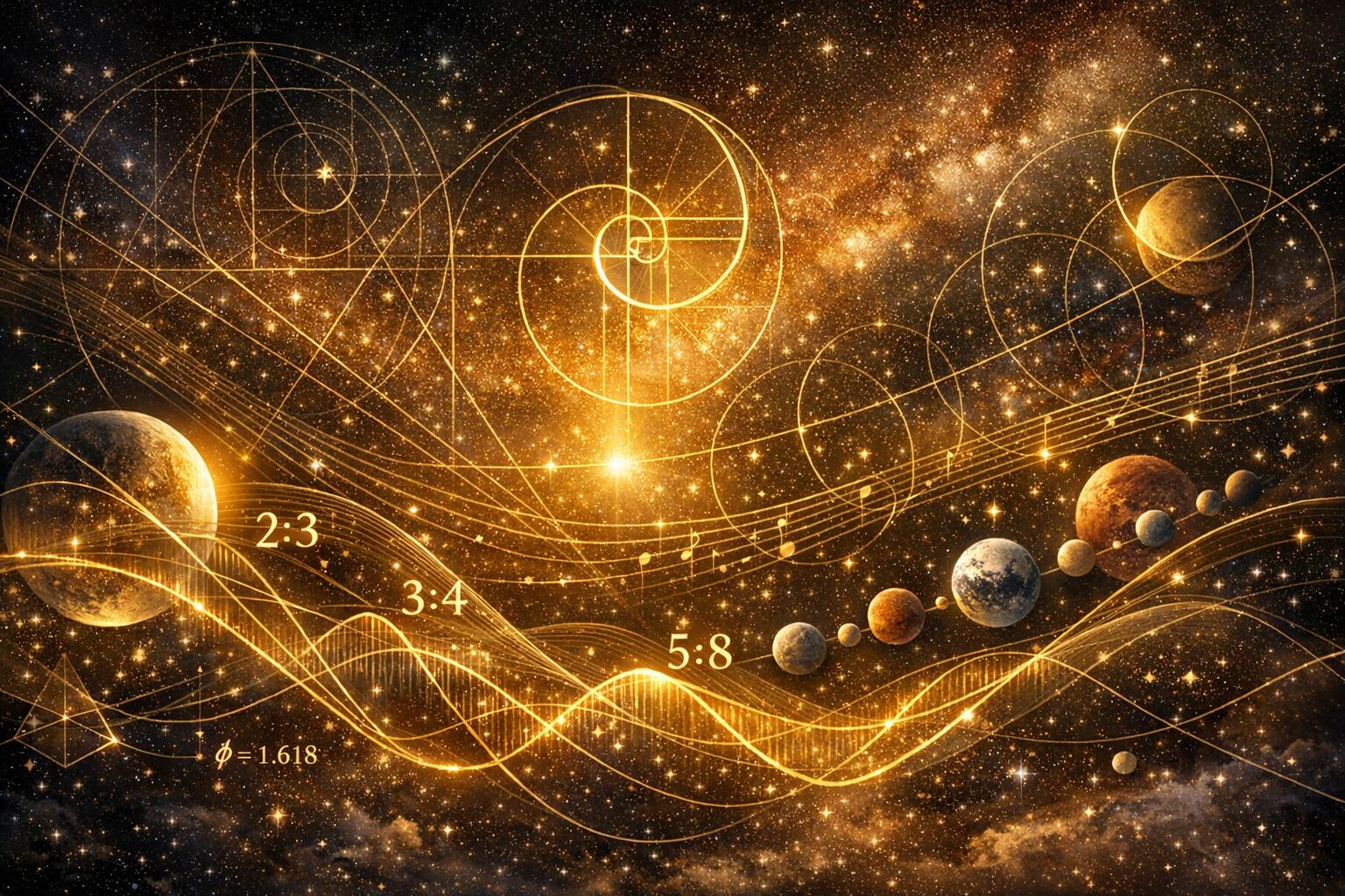 Abstract cosmic composition of stars and planets arranged in geometric, rhythmic patterns symbolizing universal harmony and divine order