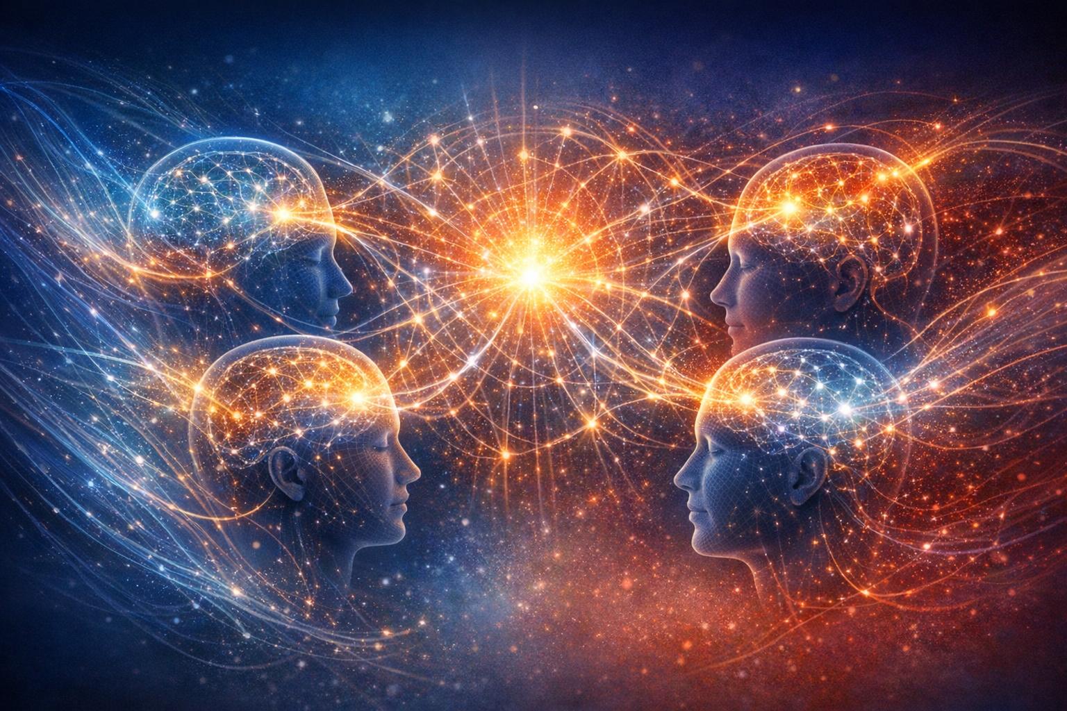 Abstract network of glowing interconnected nodes symbolizing collective human consciousness and shared reality.