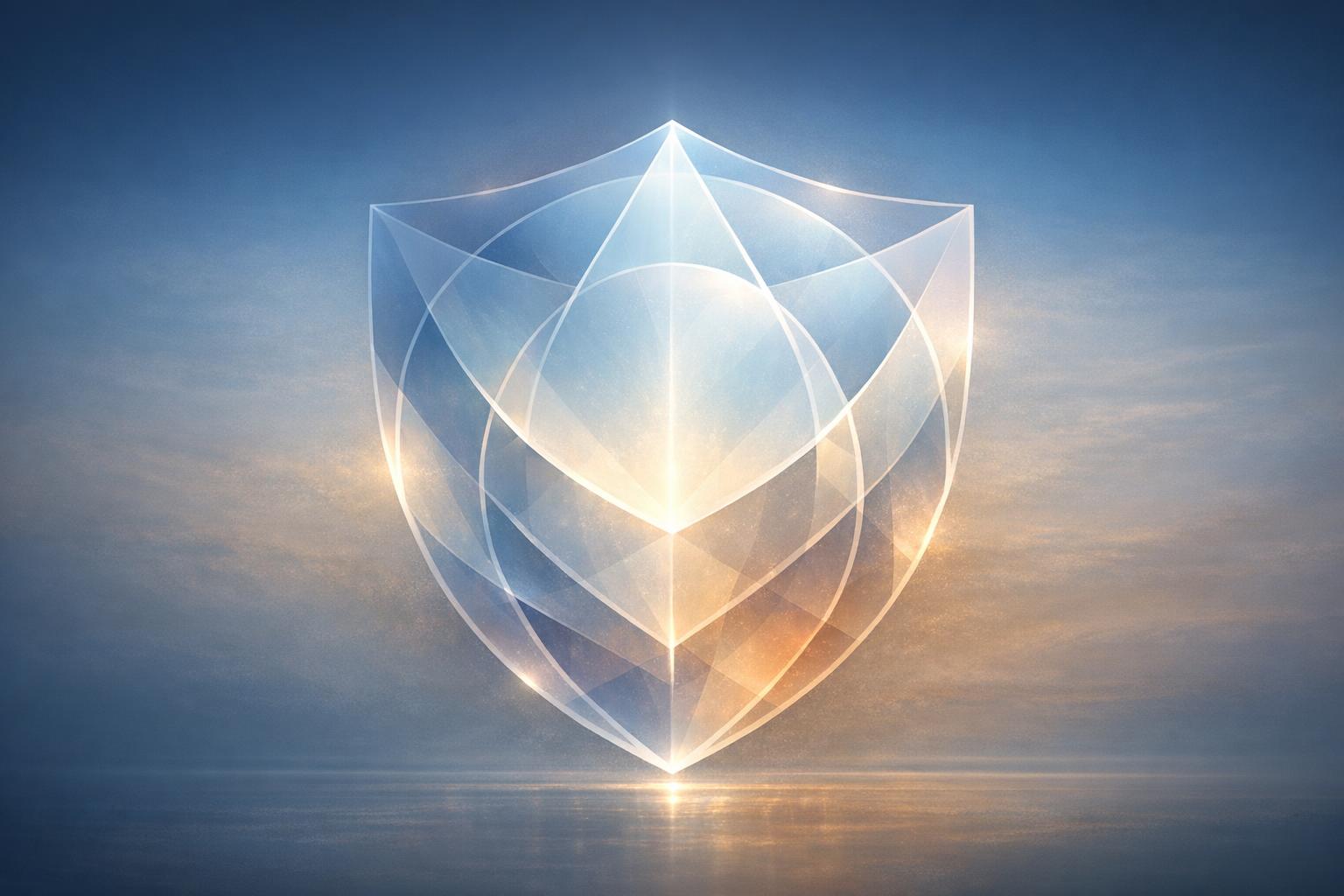 Abstract glowing geometric shield symbolizing spiritual awareness and mental protection against manipulation.
