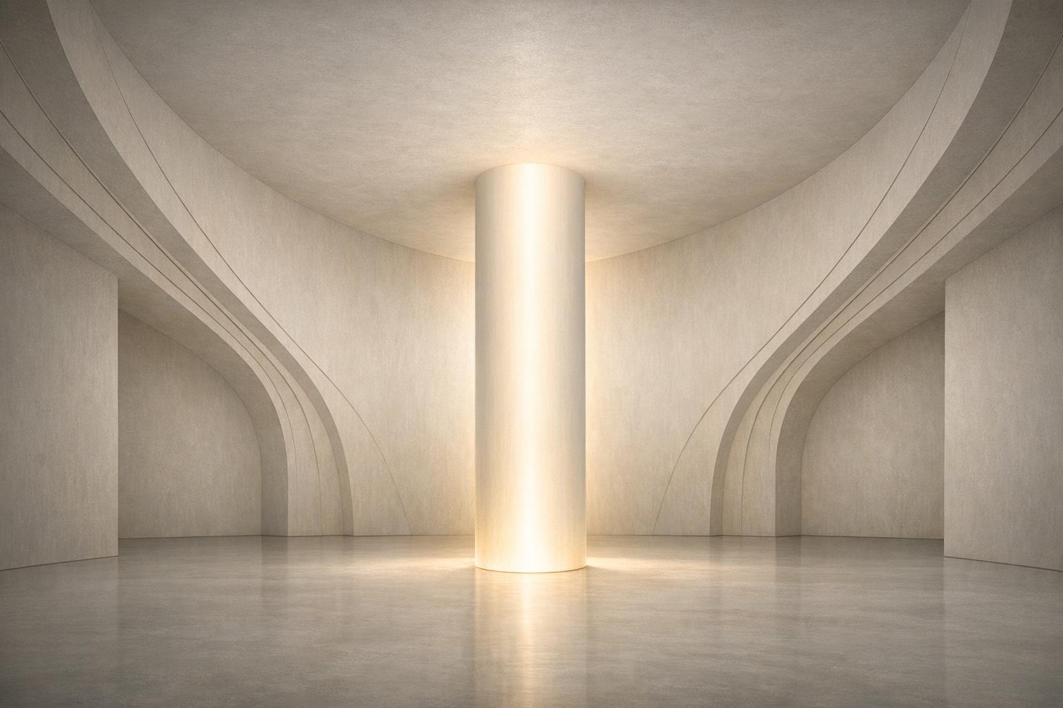 Abstract light-filled architectural space with a central glowing column symbolizing inner will and focused mental energy.