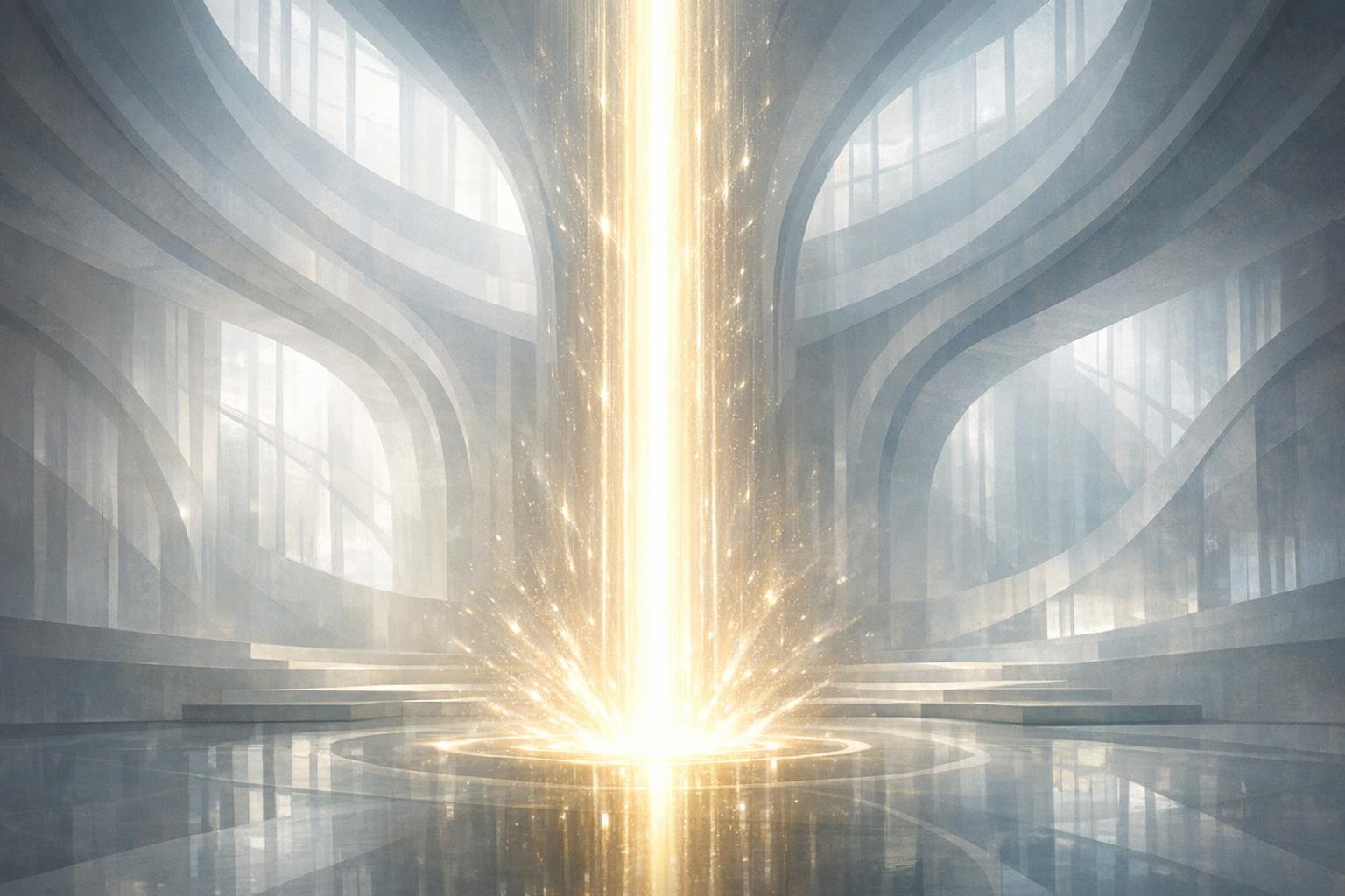 Single beam of light filtering through misty trees, symbolizing focused intent piercing through distraction.