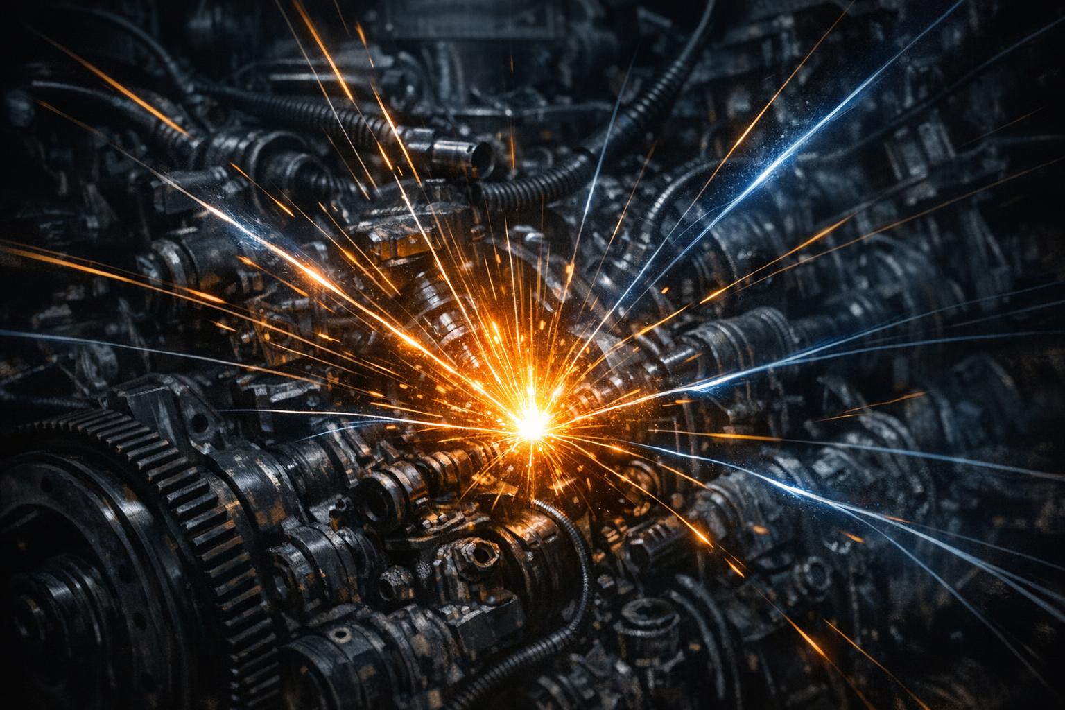 Abstract image of a single bright spark igniting an intricate engine, representing willpower igniting action.