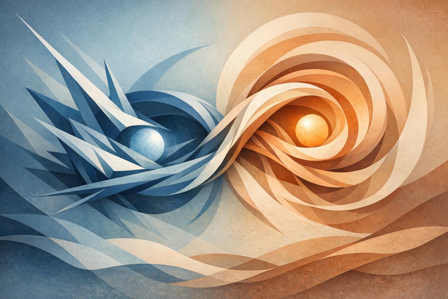 Abstract composition of contrasting geometric and organic shapes representing masculine and feminine energies in dynamic interaction.