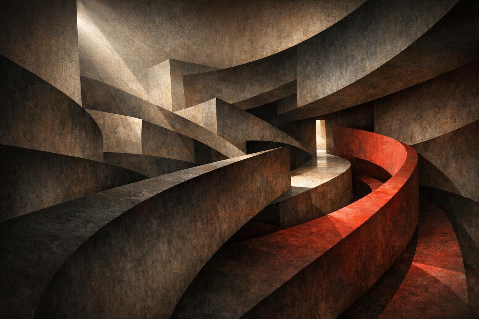 Abstract architectural imagery symbolizing resistance and perseverance through contrasting light and shadow