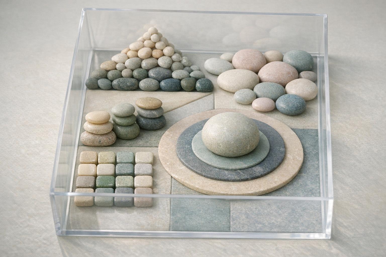 Geometric arrangement of colored stones inside a translucent box representing probability and the focusing of possibilities  
