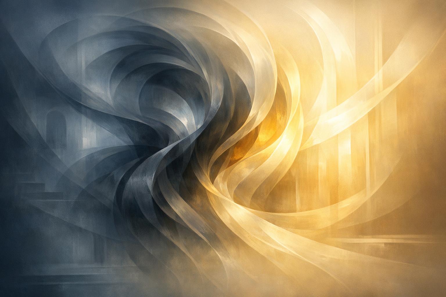 Abstract swirls of dark and light shapes representing internal conflict between doubt and clarity, with architectural lines symbolizing the structure of thought  
