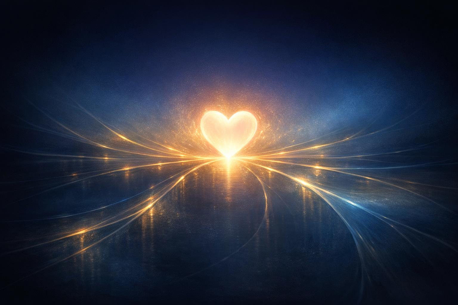 An abstract glowing heart with radiating illuminated paths symbolizing focused intent directing actions.

