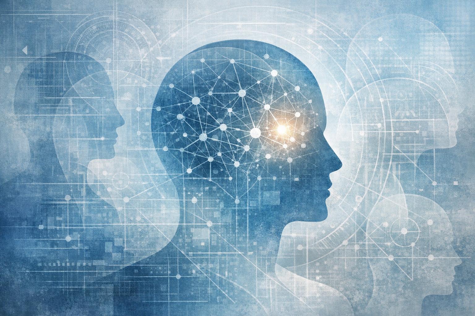 Abstract blueprint combining outlines of human form and cognitive networks in blue-grey tones representing the mental structure of self-image  
