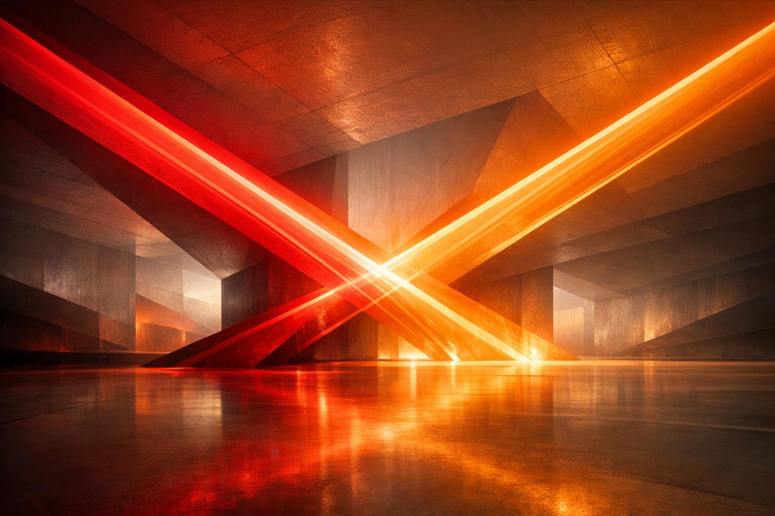 Abstract architectural composition with flowing red and orange light beams symbolizing energy and vitality in a spacious, calm environment