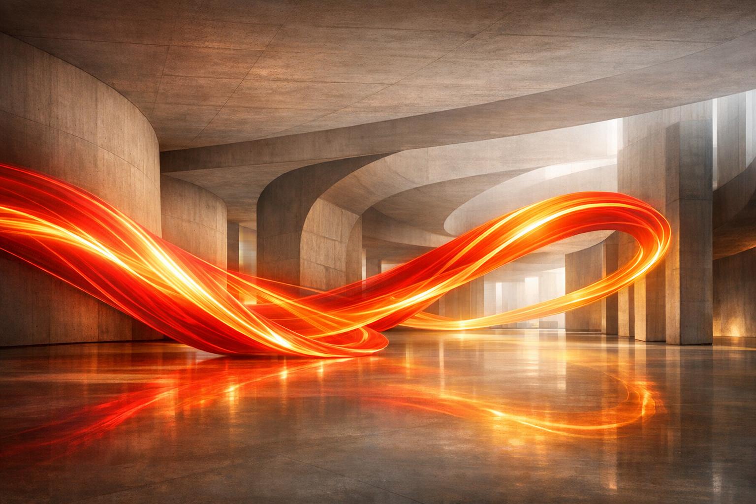 Warm-colored fluid shapes intertwined with translucent layers symbolizing passion, authenticity, and focused creativity on a calm neutral background