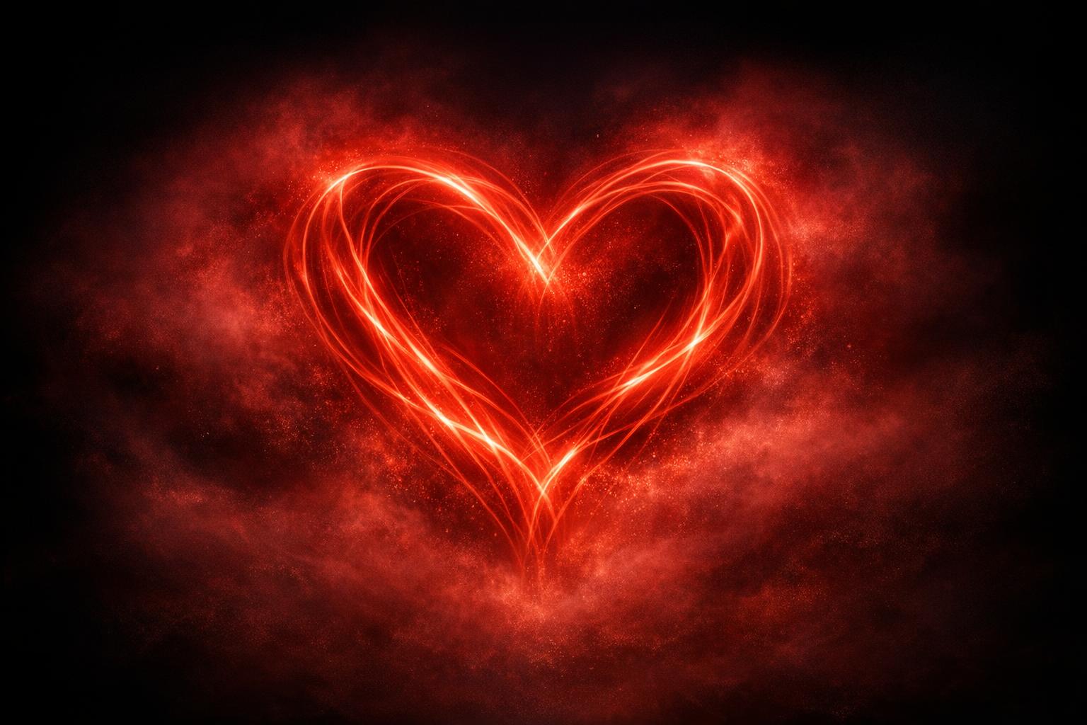 An abstract heart shape created from glowing red light beams in a misty, dark background representing deep emotion and the concept of true heart’s desire.
