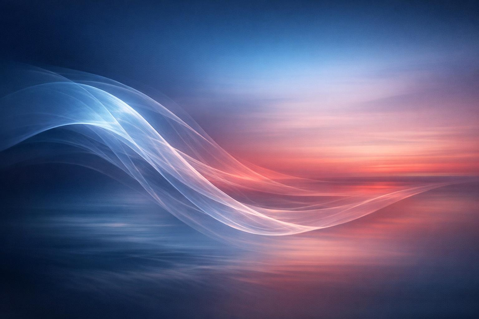 Abstract wave-like form with blurred horizon representing the concept of fluid and changeable reality, in calming blue and red tones.