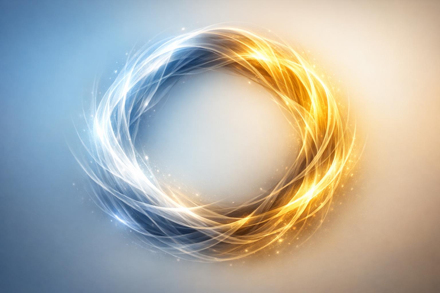 Abstract circular flow of intertwining light strands representing the cycle of giving and receiving with harmonious blue and gold tones.
