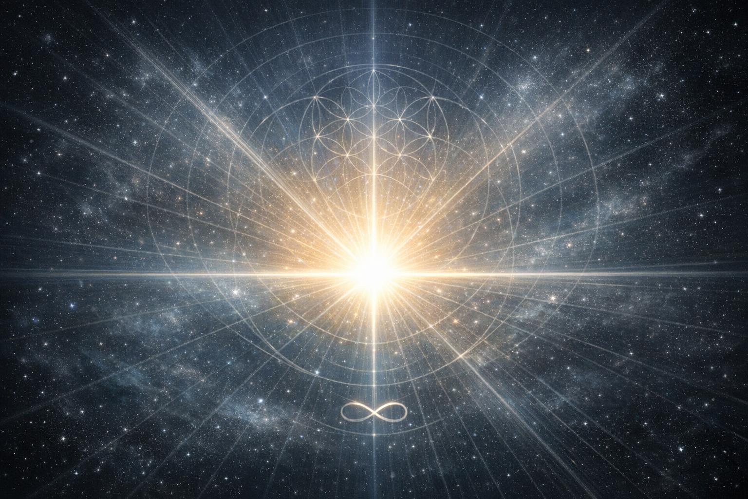 Abstract depiction of one universal consciousness as an infinite radiant source of light spreading throughout boundless space
