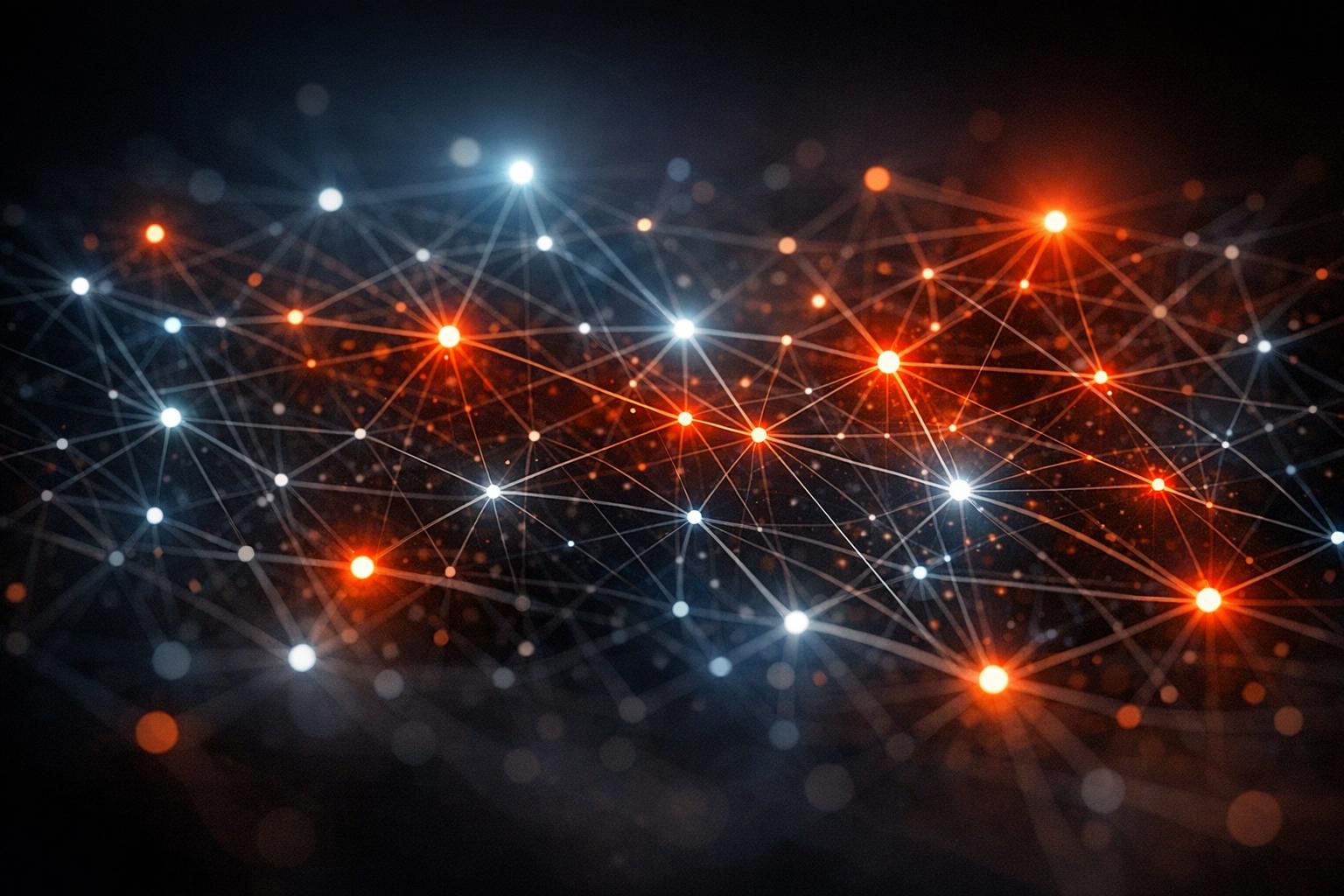 A dark abstract network with glowing nodes and lines illustrating interconnected synchronicities and the shaping power of intent.
