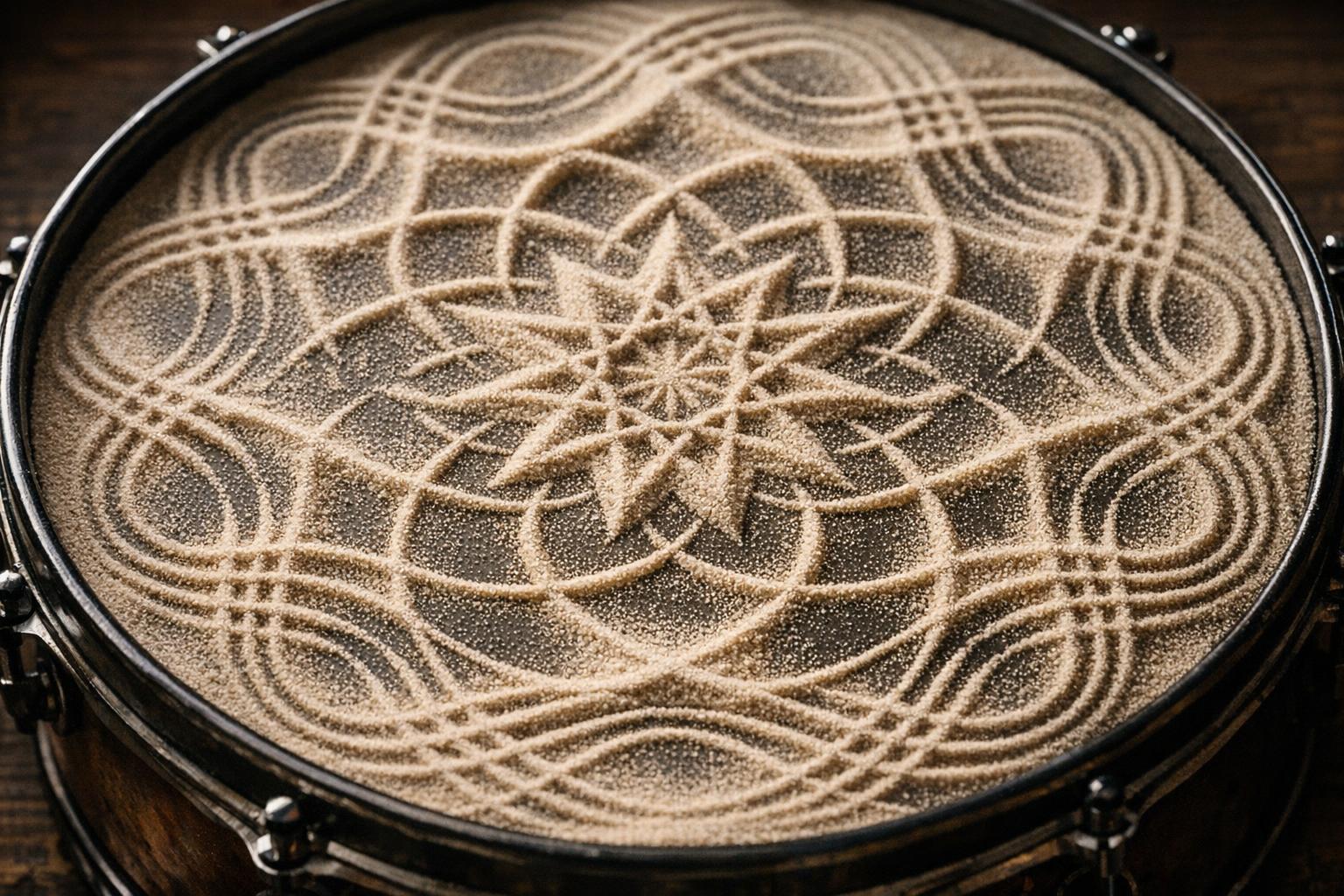 Abstract detail of sand forming geometric shapes on a vibrating drum surface, illustrating vibration shaping physical form
