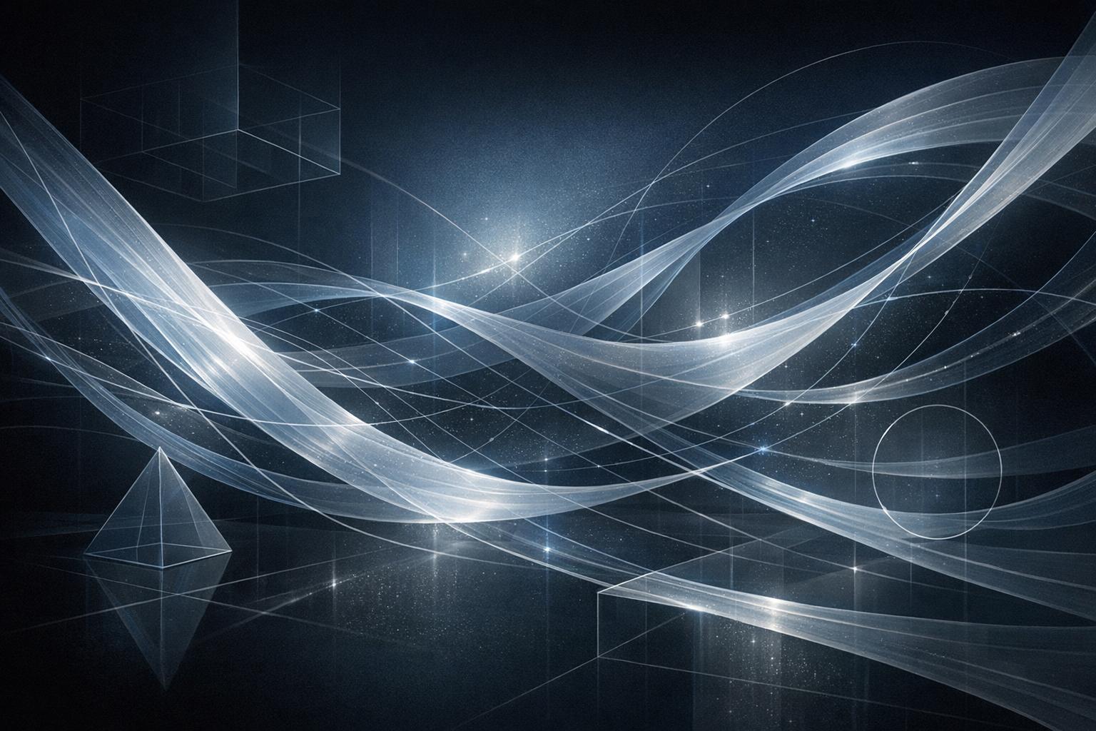 Abstract visual of multiple interlacing light threads symbolizing parallel timelines and multidimensional time