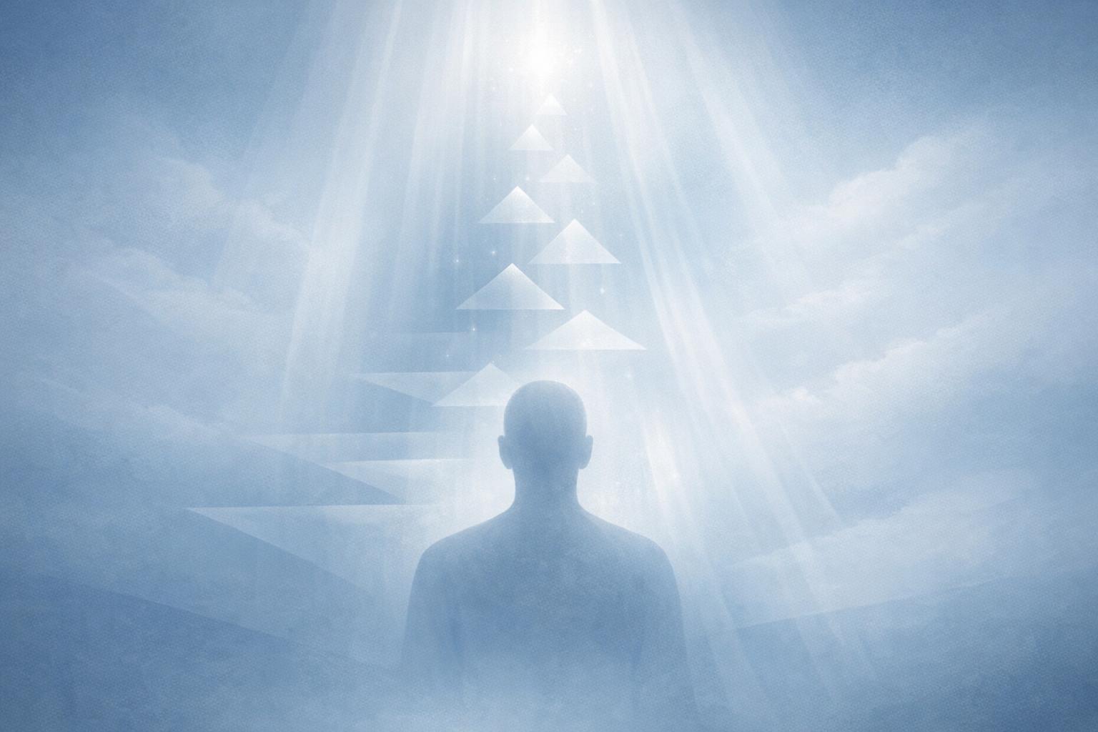 Abstract representation of human effort and higher conscious intention with a calm silhouette and ascending light rays in a blue-gray palette.
