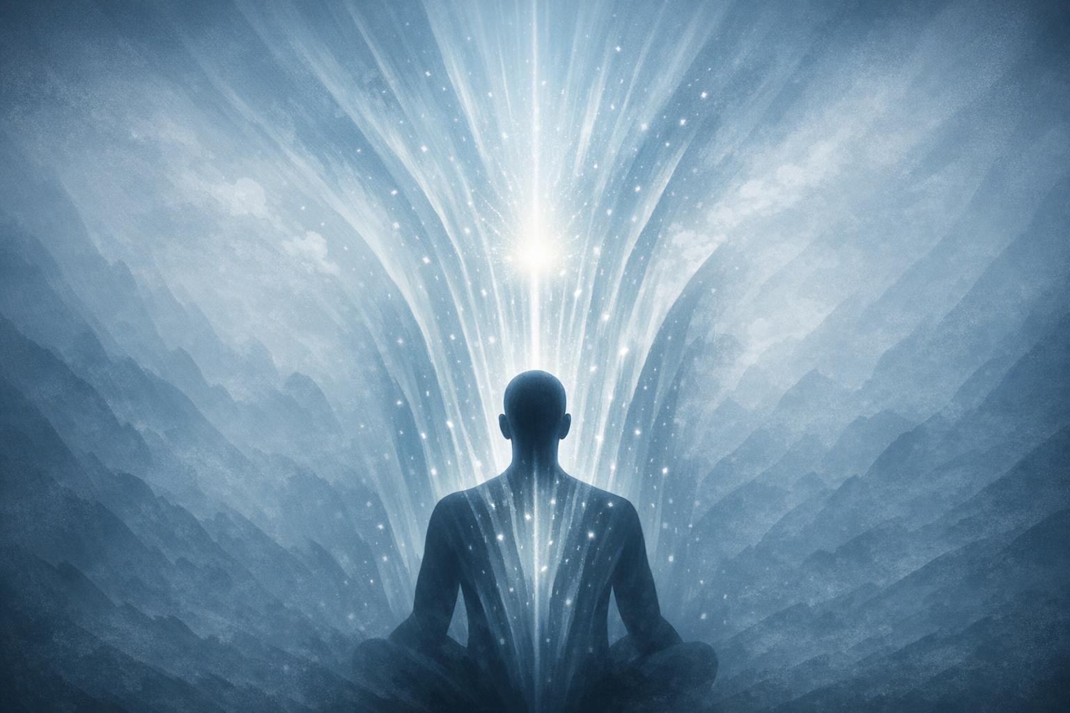 Two symbolic spheres representing universal laws and personal divine power connected by a luminous thread in an abstract architectural style.
