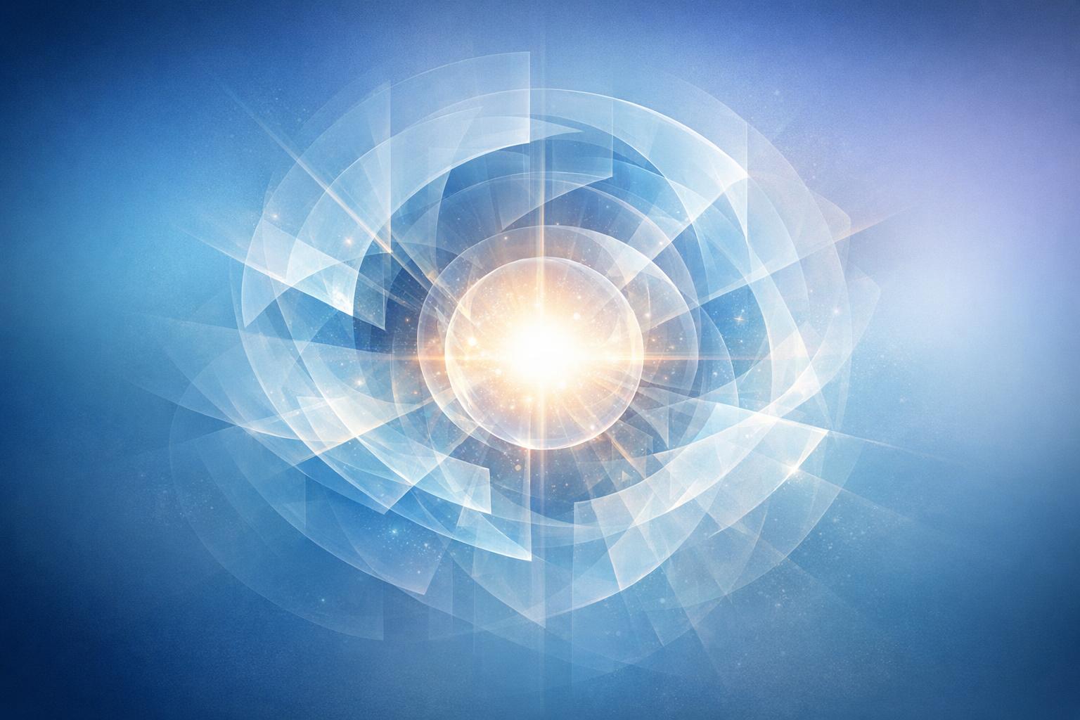 Abstract glowing orb encircled by translucent geometric layers symbolizing consciousness as the origin of reality.
