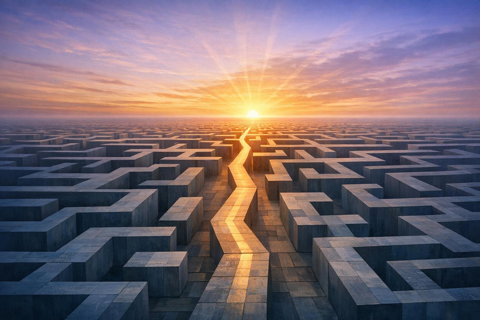 Abstract maze of pathways illuminated by the first light of dawn, representing the journey of pursuing a unique, personal calling beyond conventional routes.  
