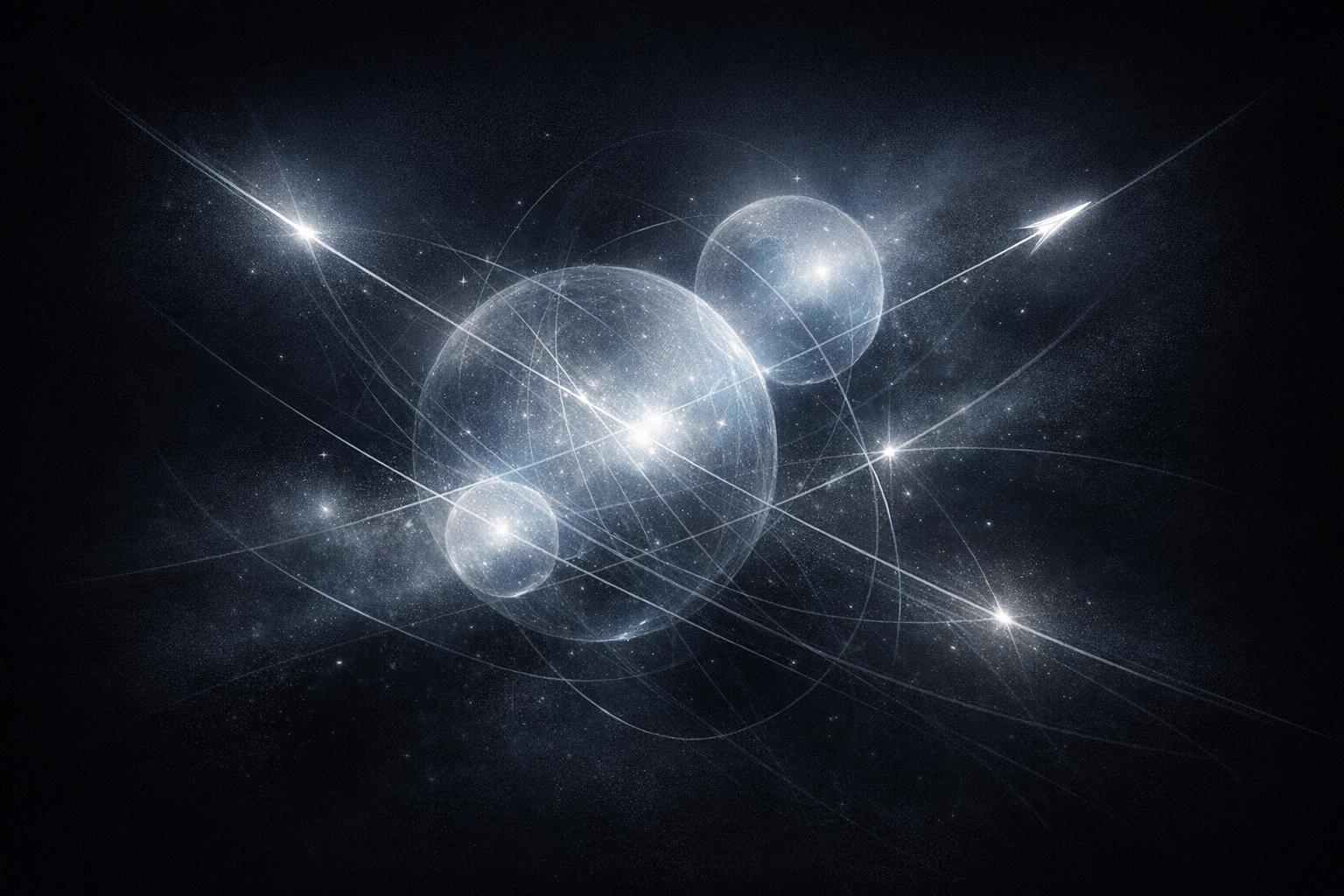 Abstract network of glowing threads and orbs symbolizing meaningful coincidences and subtle signs in a dark, contemplative space.
