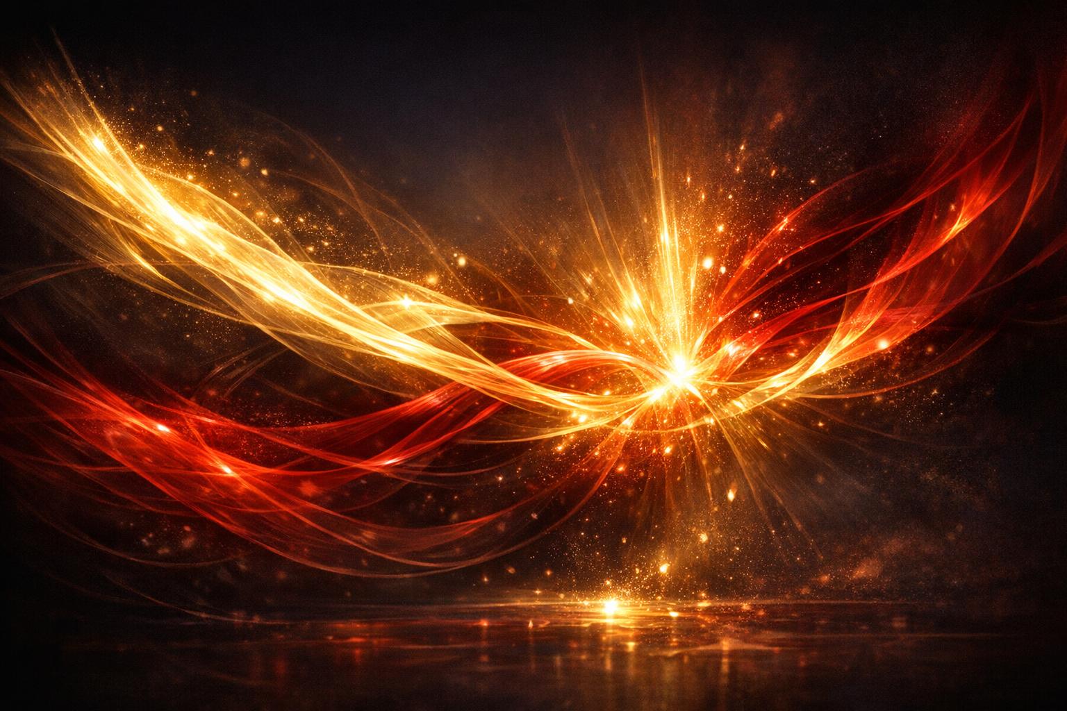 Intertwined crimson and gold light beams on a dark background symbolizing divine messages and inner talents.