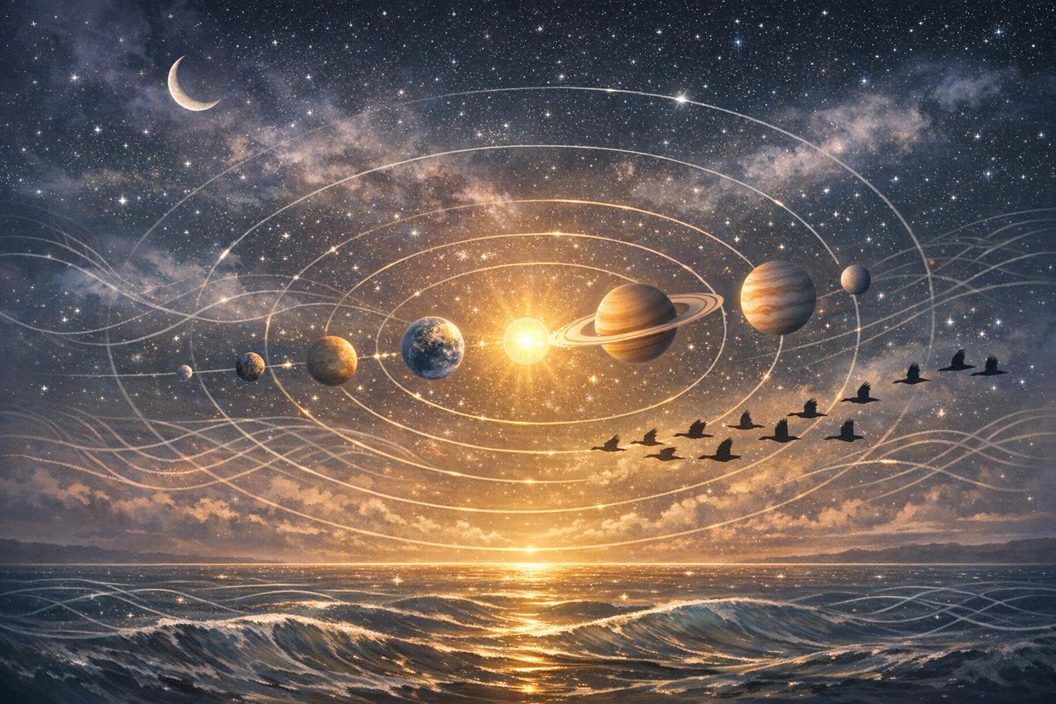 Abstract cosmic and natural elements arranged harmoniously to symbolize the universe’s precise and purposeful order.

