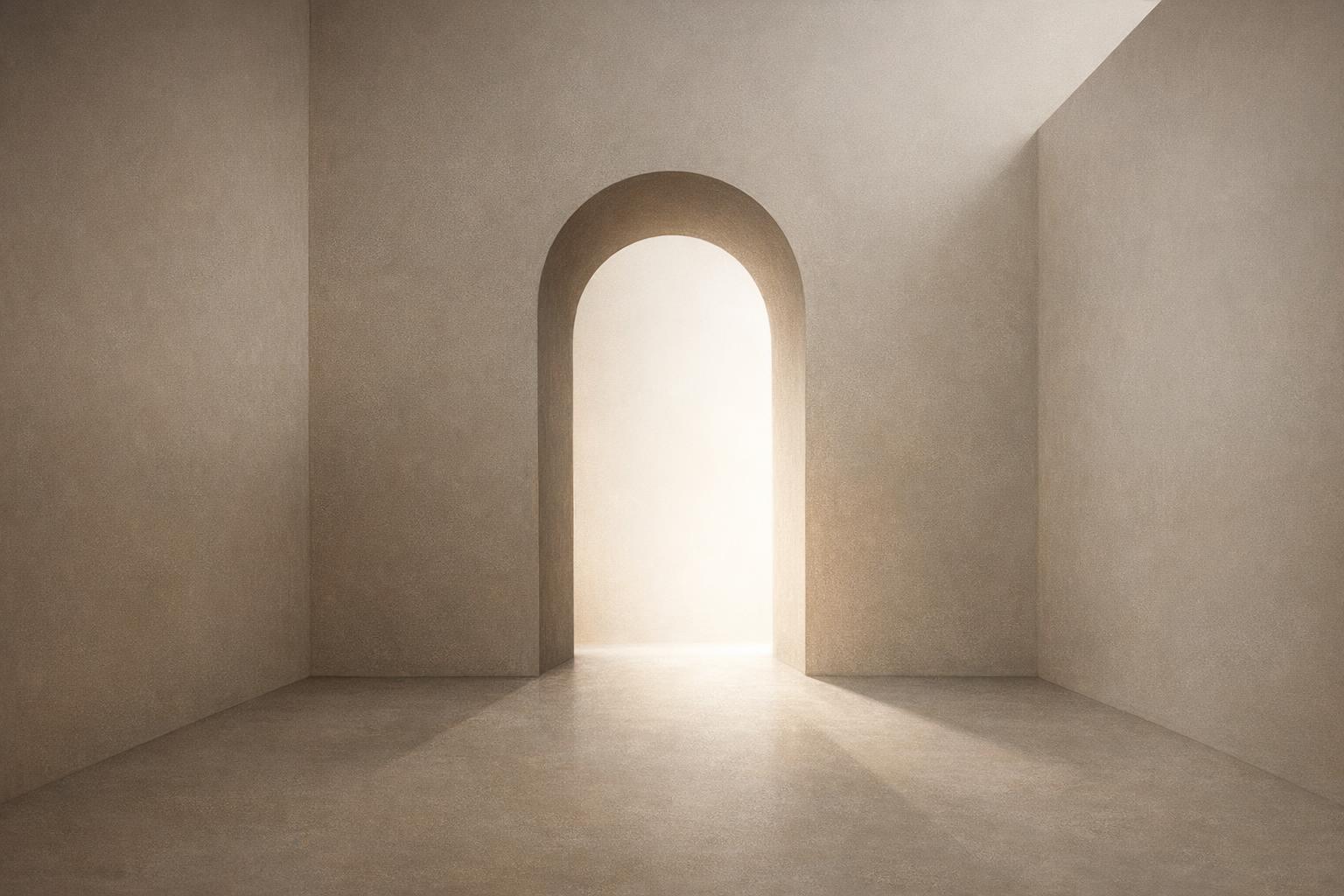 An abstract threshold with a softly glowing archway representing a transition, conveying the idea of nearing success through overcoming obstacles