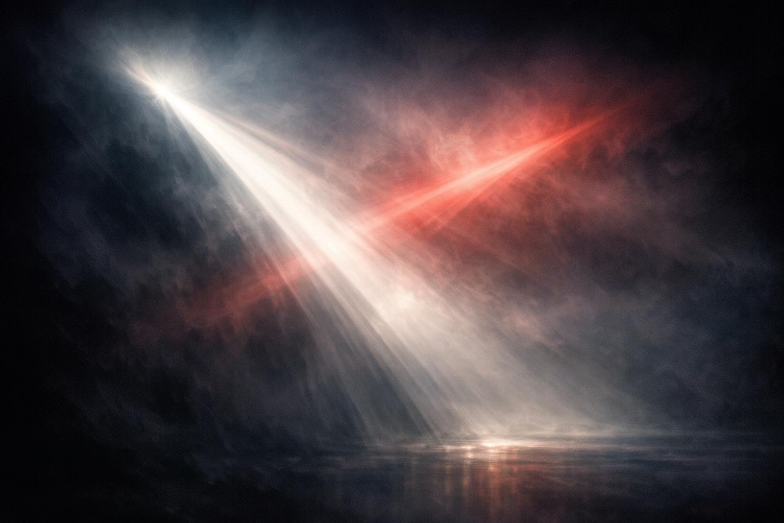 Abstract beams of white and red light contrasting with dark shadows, symbolizing enduring inner light amid darkness