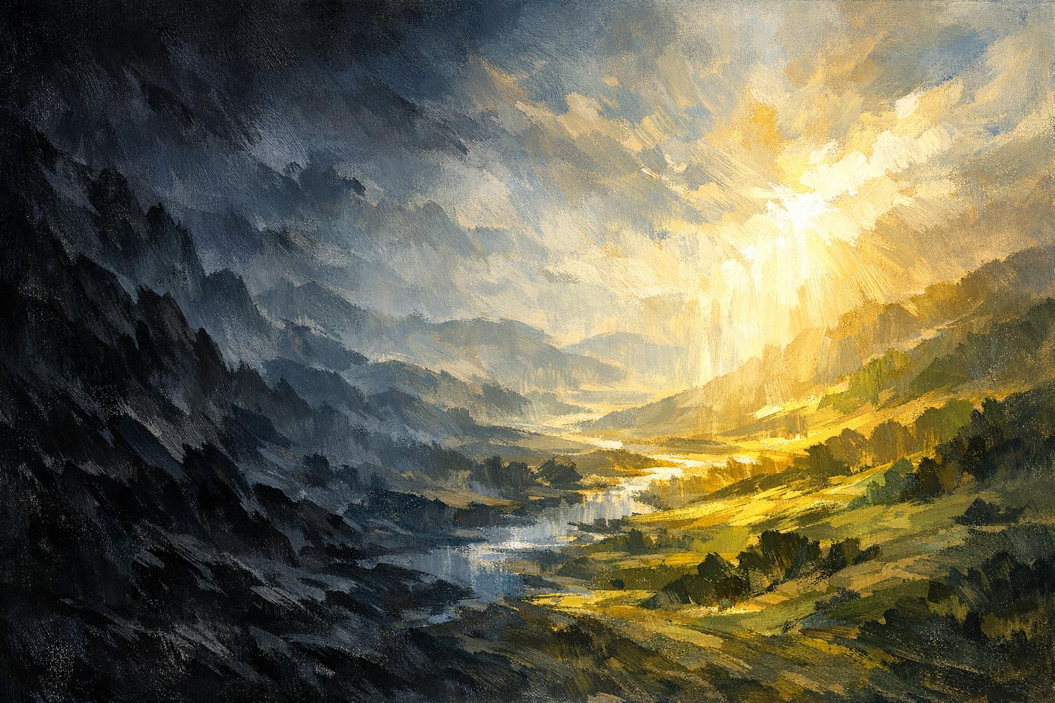 A stark mountain scene under dark clouds with light breaking through, symbolizing strength found in challenging conditions.