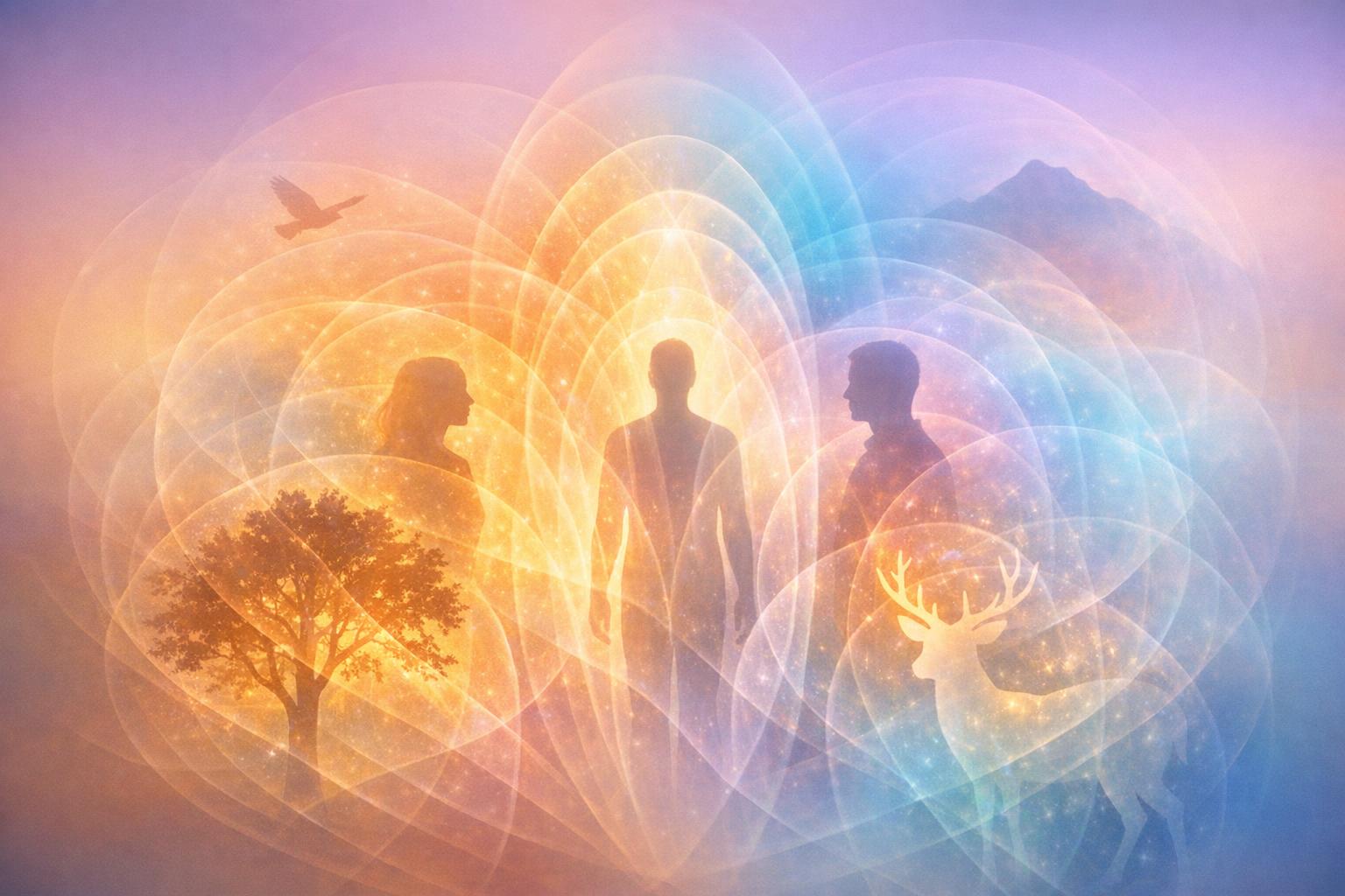 Abstract depiction of layered energy fields symbolizing the mental atmospheres surrounding people and living things in a subtle, contemplative color palette
