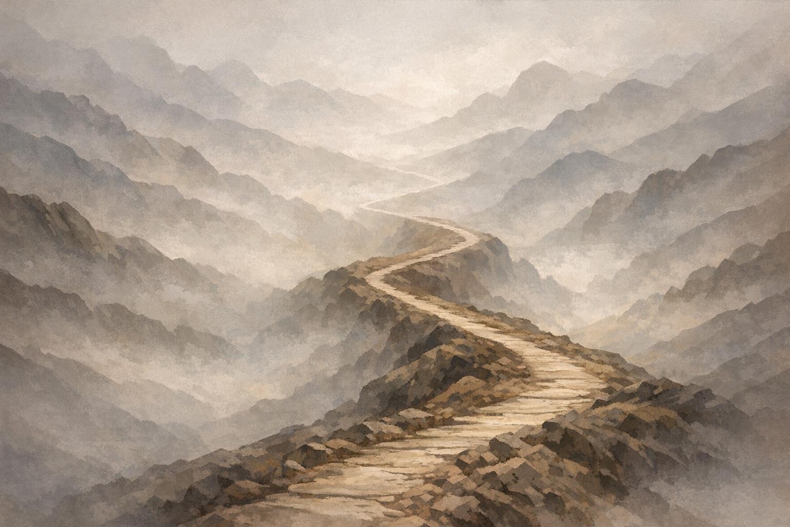 Abstract mountain pathway fading into misty valleys representing the challenging spiritual journey and moments of doubt.