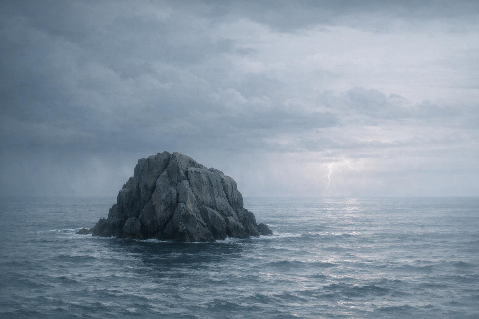A solitary rock standing firm above a turbulent sea under a soft stormy sky, symbolizing steadfastness and spiritual focus amid life’s storms