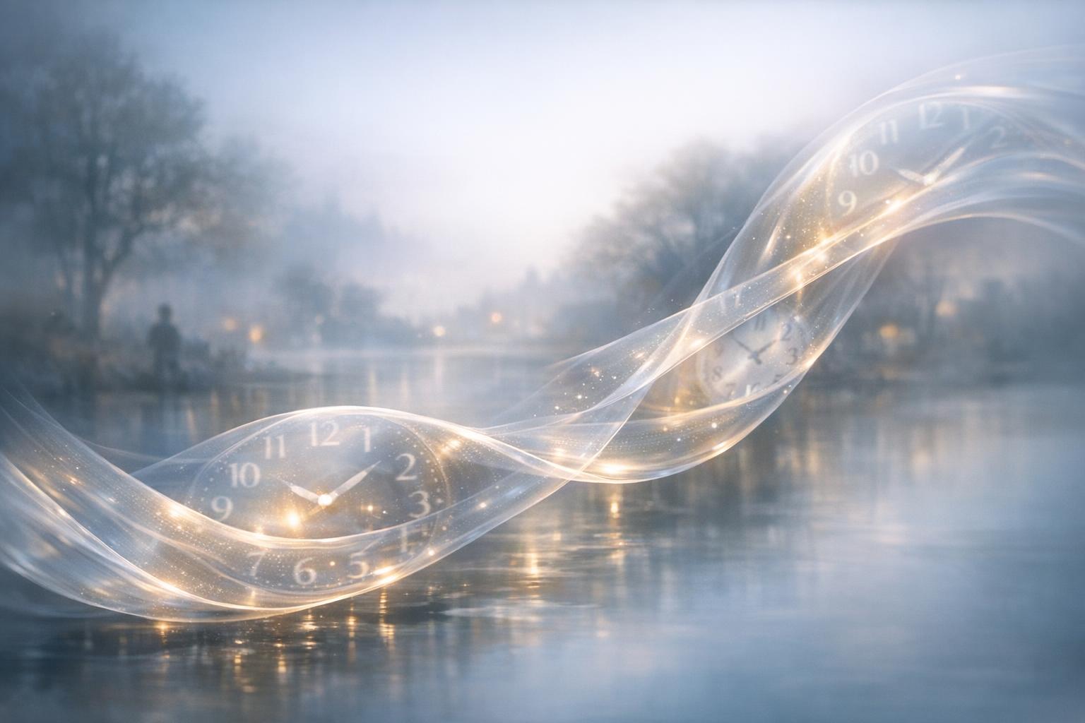 Abstract fluid ribbon symbolizing time weaving through a misty landscape of fading memories, conveying the changing perception of the past.