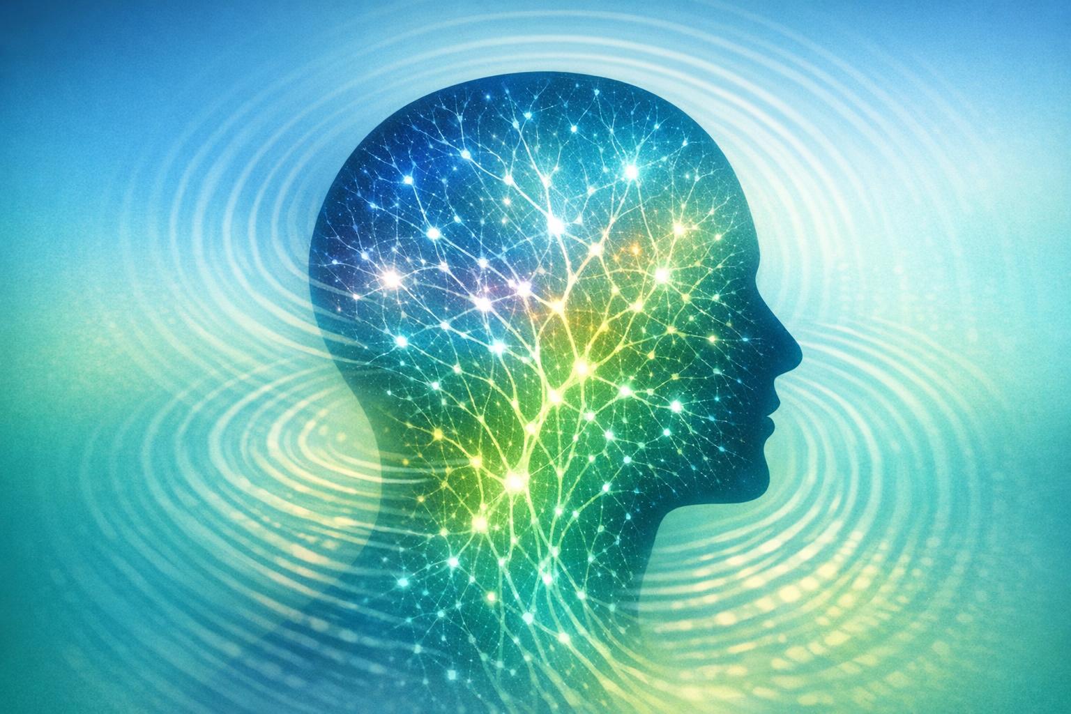 Abstract human head silhouette with fractal network and ripple effects symbolizing the mind-body connection and the impact of stress on health  
