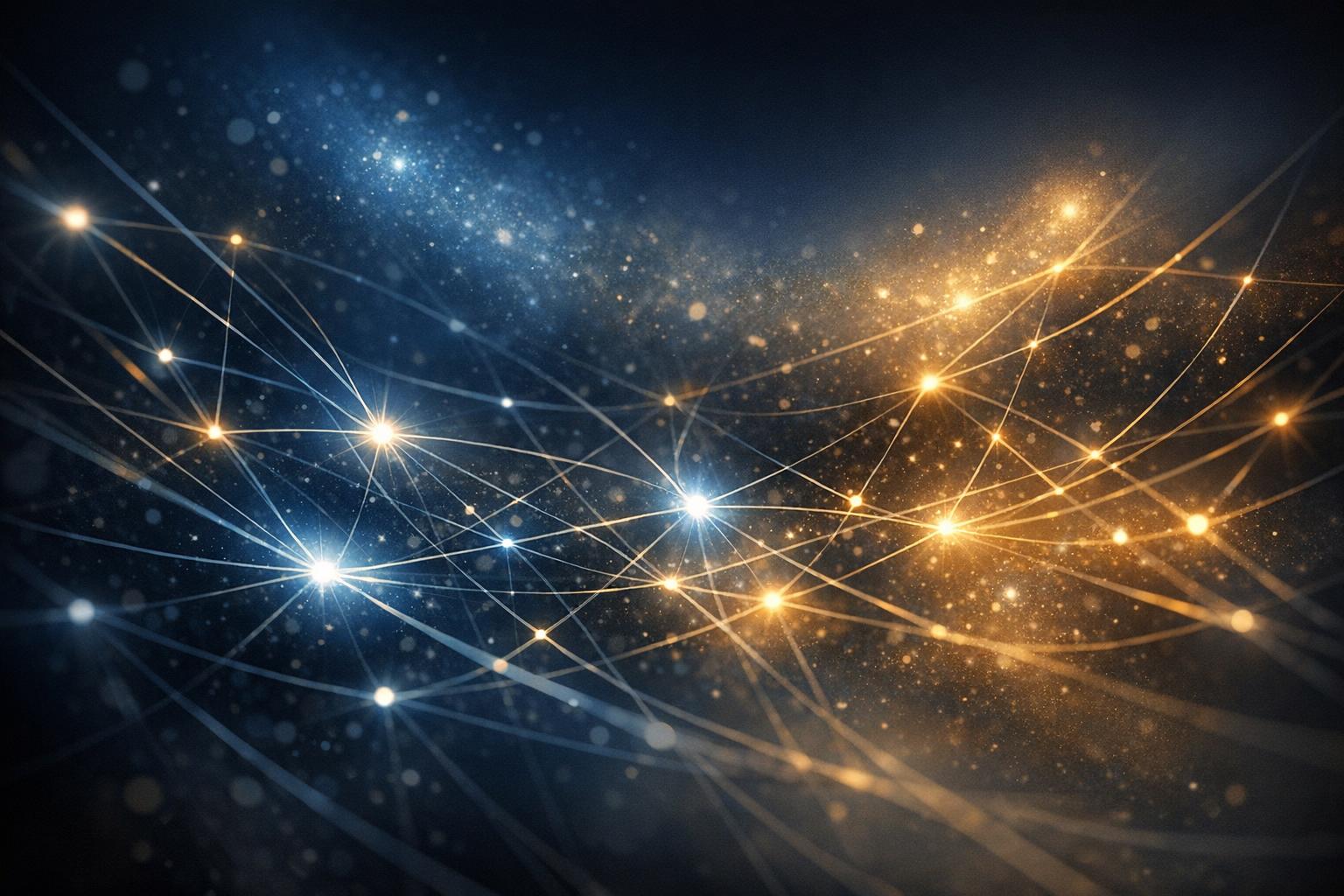 Abstract network of glowing lines and nodes representing spiritual connection and divine interaction.  
