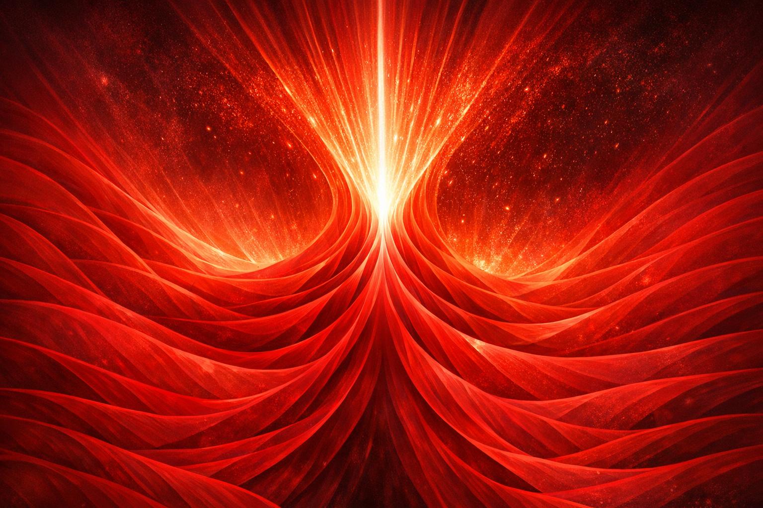 Abstract representation of thought as energy and content, illustrated by blue and white light beams and geometric radio wave forms.
