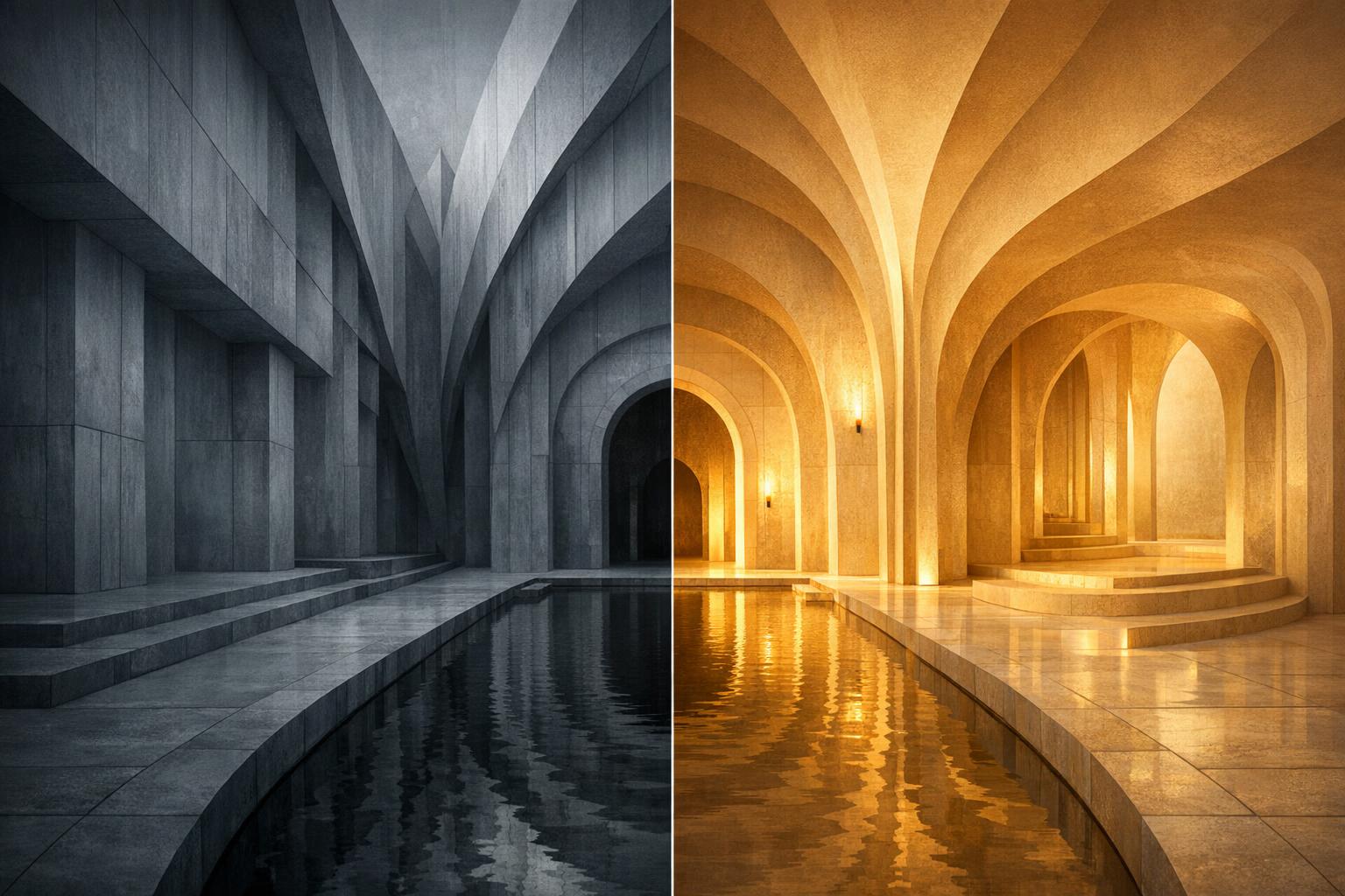 Abstract architectural split image representing fear and love intentions, with contrasting cold angular shapes and warm flowing forms.