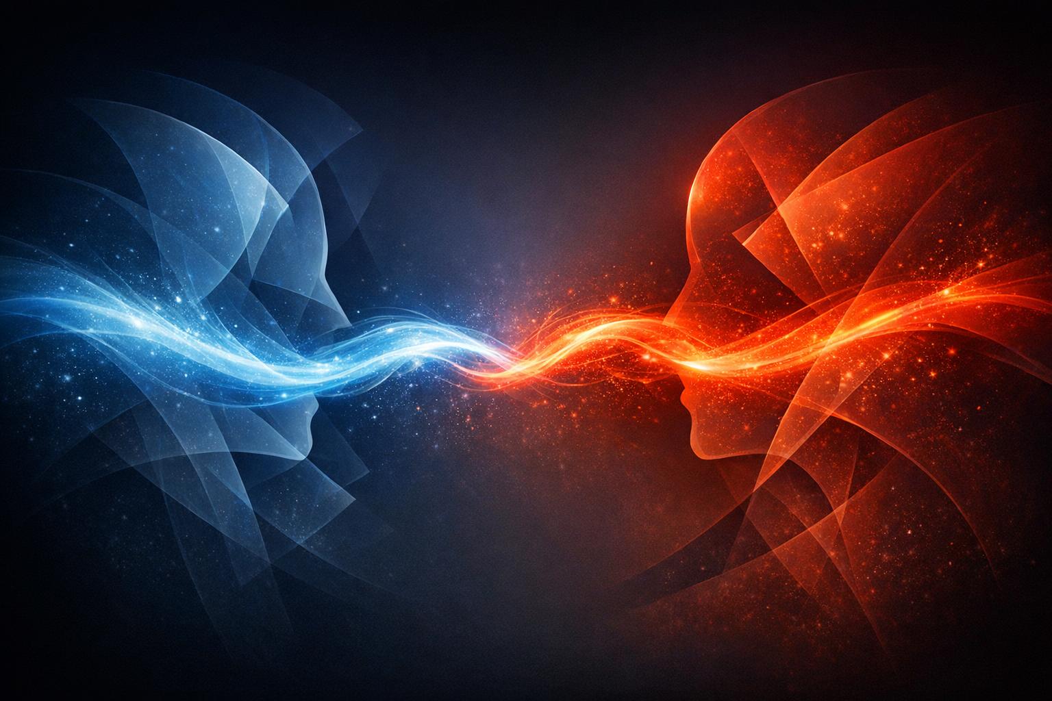 Abstract visualization of mental energy exchange showing two opposing glowing currents symbolizing receptive and projective psychic influence.