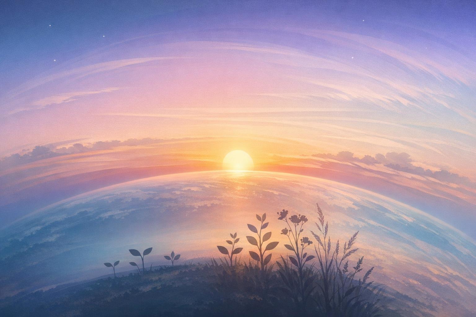 Abstract depiction of sunrise and earth rotation symbolizing ongoing life cycles and the miracle of existence