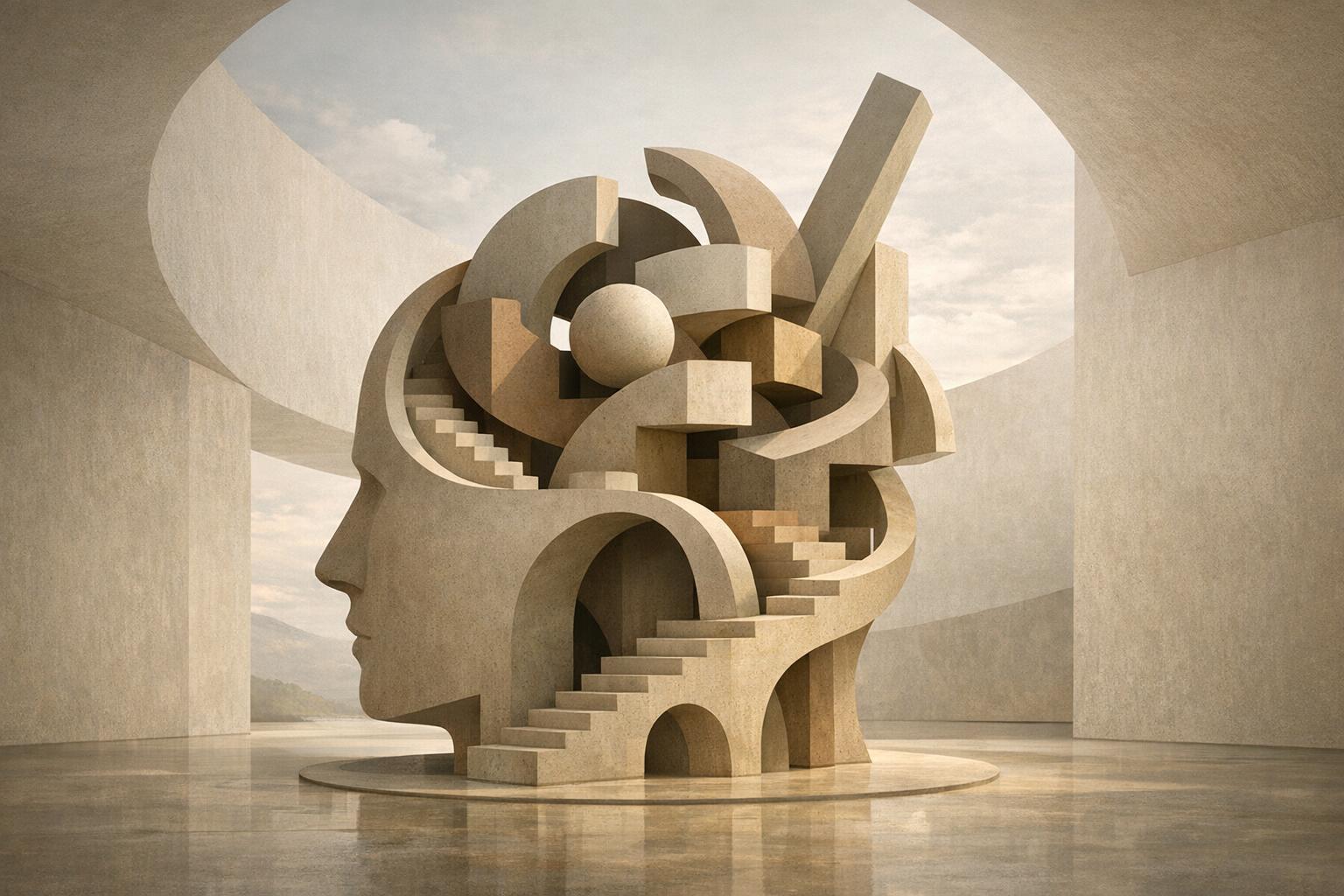 Abstract open architectural form with interlocking shapes symbolizing the mind shaping perception and reality